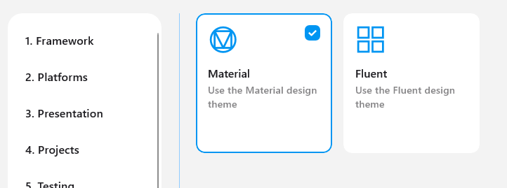 Selection of Material theme when creating a project using the Uno Template Wizard