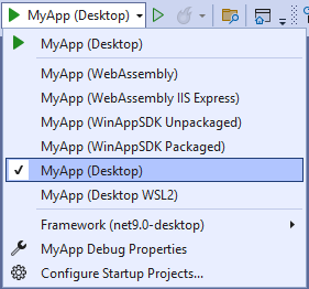 Visual Studio - "Debug toolbar" drop-down selecting the MyApp (Desktop) profile