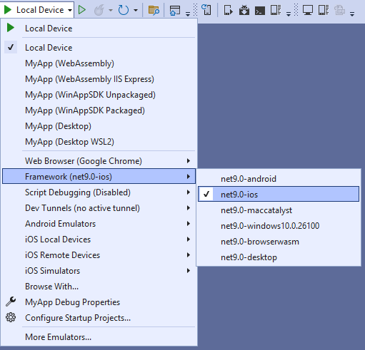 Visual Studio - "Debug toolbar" drop-down selecting the "net9.0-ios" framework