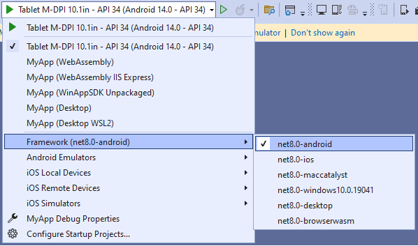 Visual Studio - "Debug toolbar" drop-down selecting the "net8.0-android" framework
