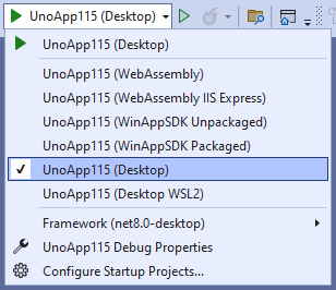 Visual Studio - "Debug toolbar" drop-down selecting the "net8.0-desktop" framework