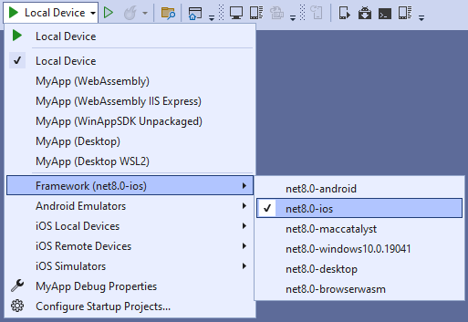 Visual Studio - "Debug toolbar" drop-down selecting the "net8.0-ios" framework
