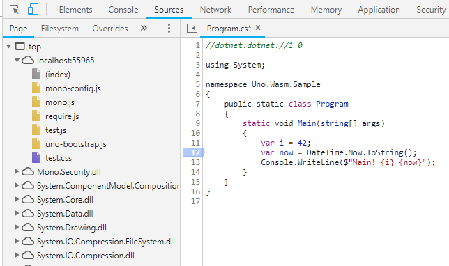 Debugger - Chrome DevTools listing all the .NET loaded assemblies on the Sources tab
