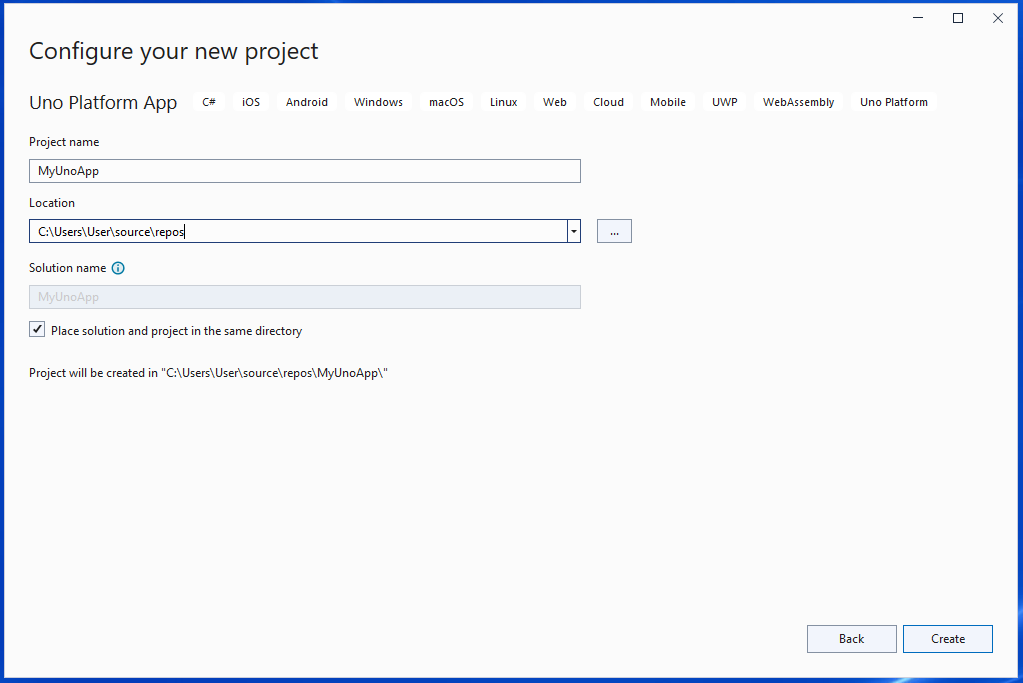 Visual Studio - Configure project name and location