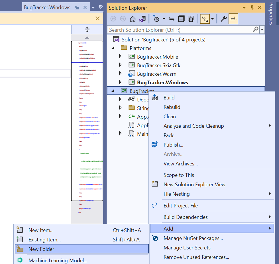 Visual Studio - Solution Explorer - Add > New Folder option in the context menu for the BugTracker shared project