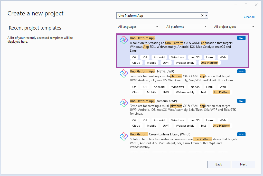 Visual Studio - Create a new project - Selecting Uno Platform App option