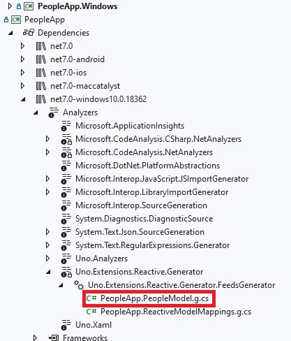 Screenshot of navigating Visual Studio Solution Explorer to inspect generated code