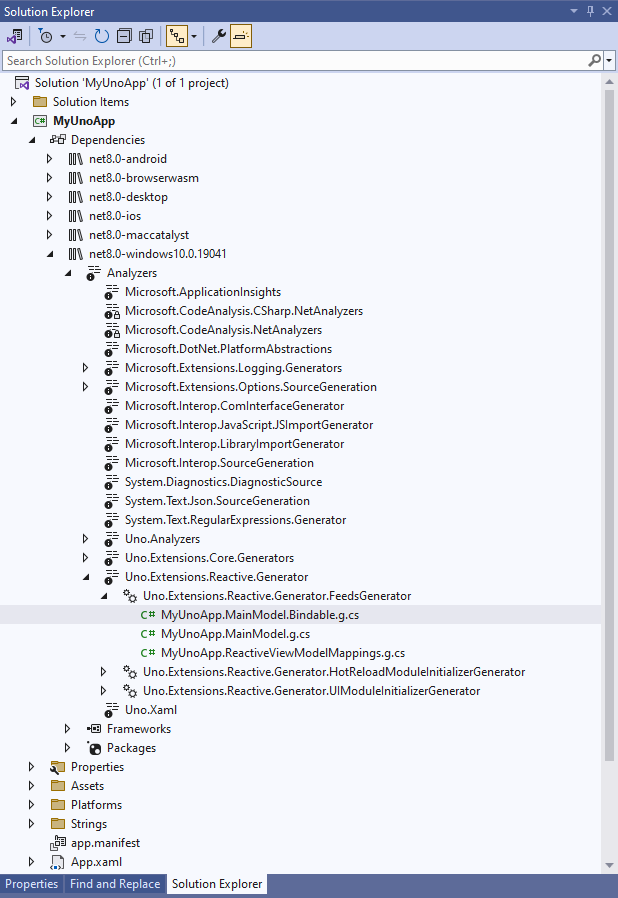 Screenshot of navigating Visual Studio Solution Explorer to inspect generated code