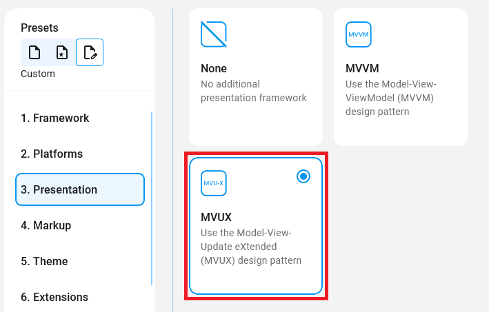 Screenshot displaying how to pre-install MVUX in the generated project