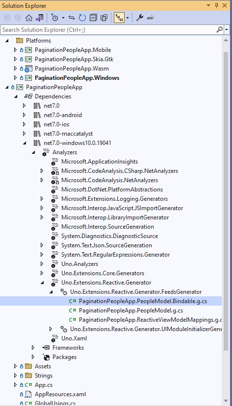 Screenshot of navigating Visual Studio Solution Explorer to inspect generated code