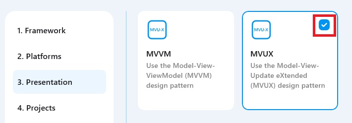 Screenshot displaying how to pre-install MVUX in the generated project