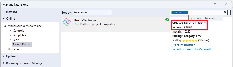 Screenshot displaying how to check the version of the Uno Extension wizard version in Visual Studio extension manager