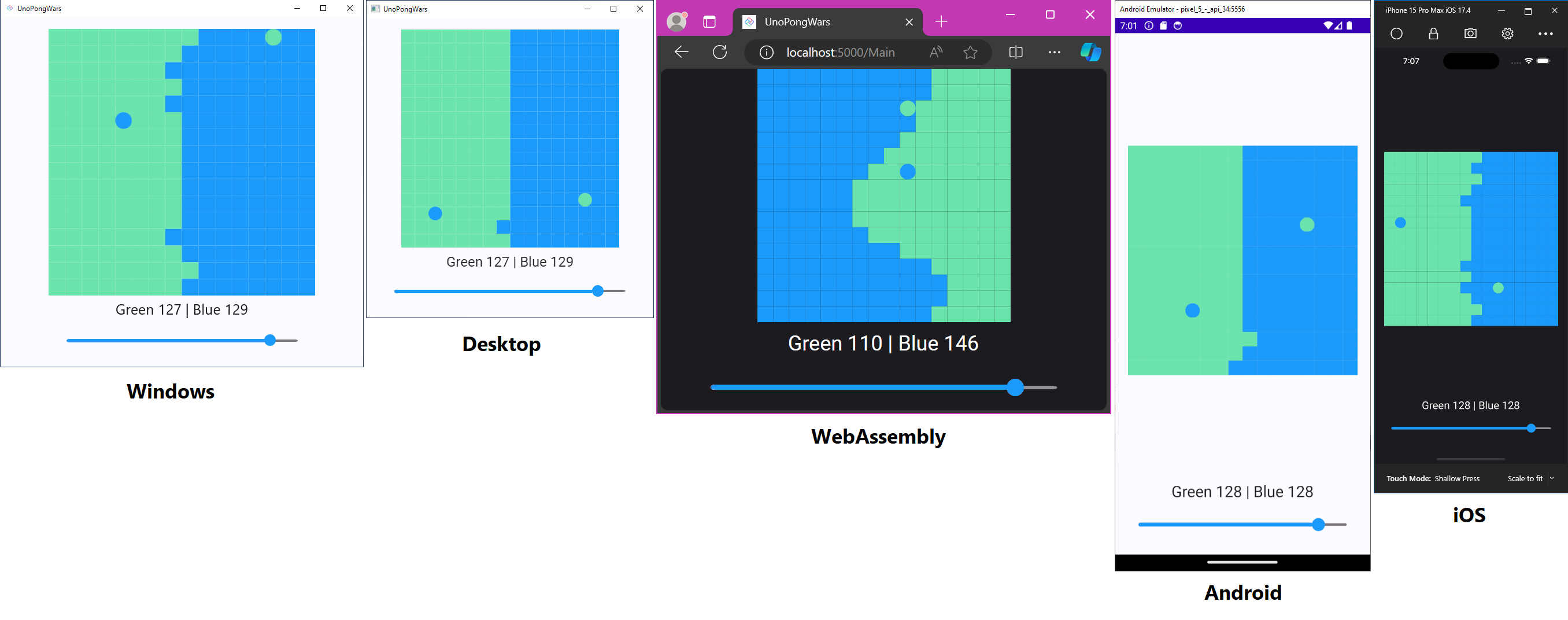 PongWars Screenshot with different scales and on different platforms