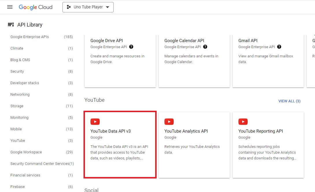 Google Console YouTube Data API v3 menu item