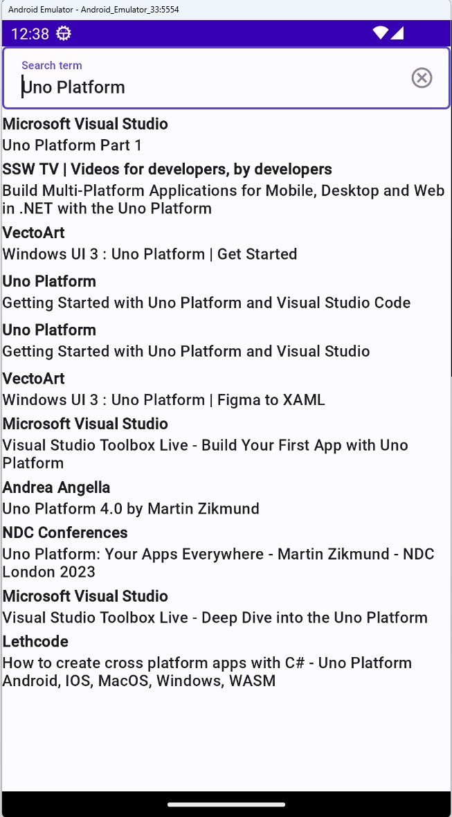 App displaying JSON search results for the term 'Uno Platform'