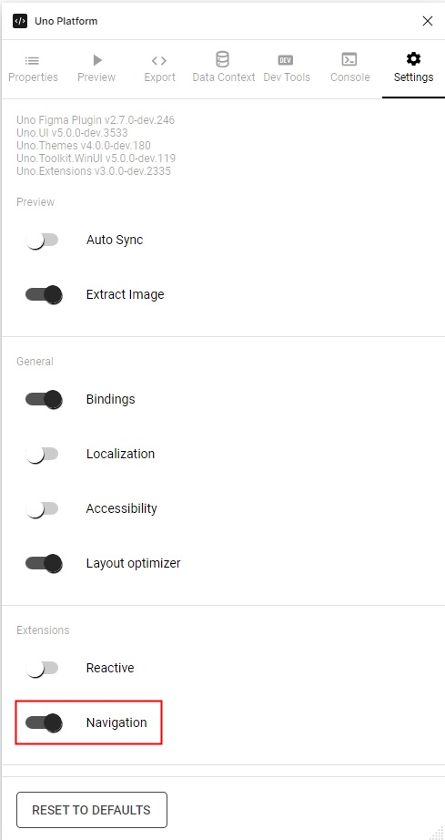 Enabling navigation setting in the Uno Figma plugin