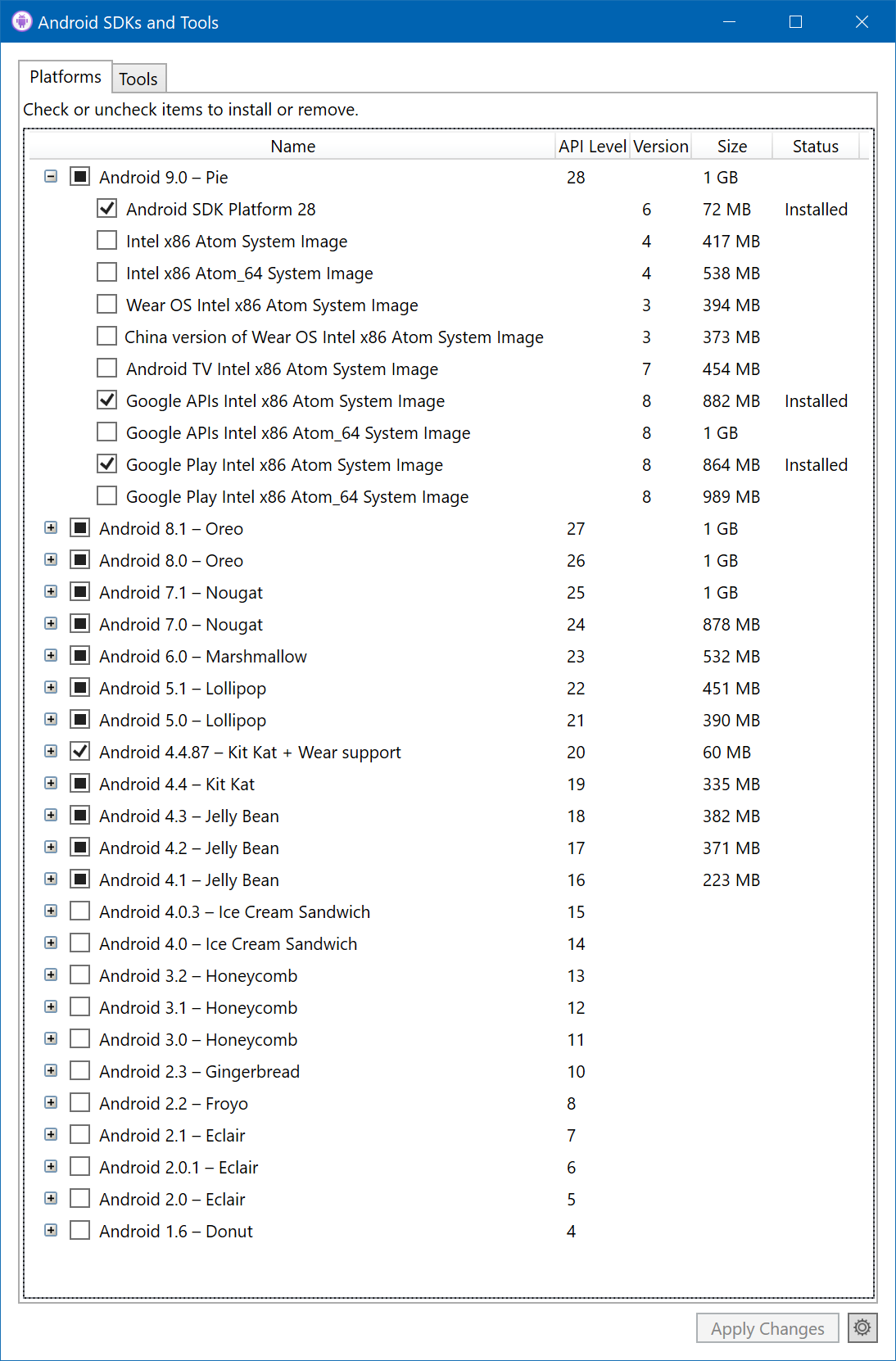 Android SDKs Manager - Platforms Tab