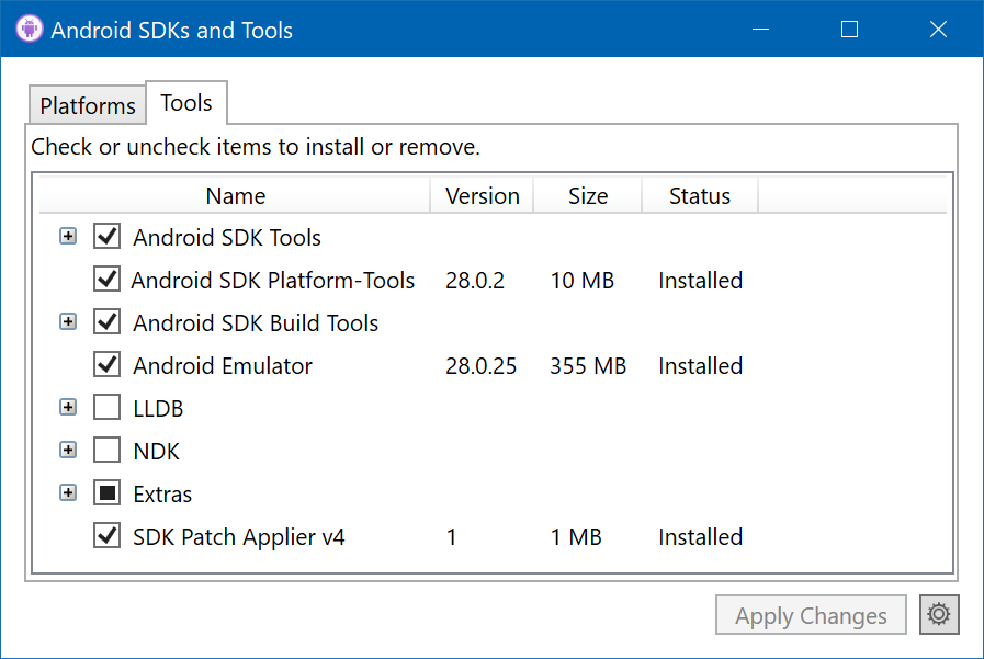 Android SDKs Manager - Tools Tab
