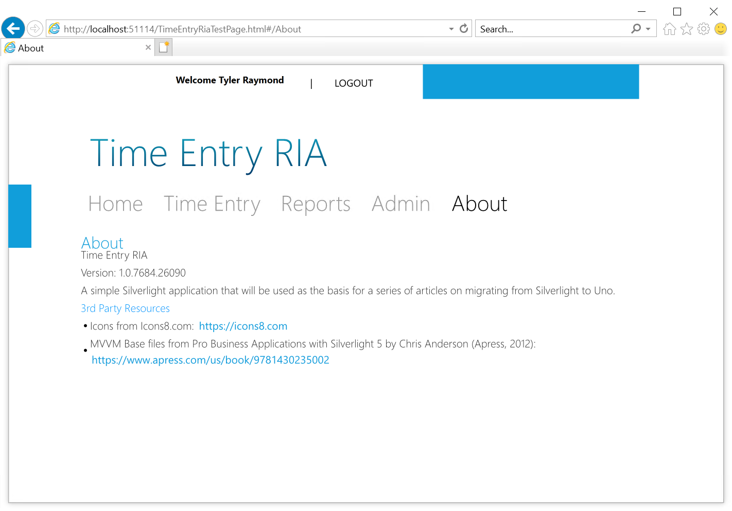 Time Entry RIA logged in displaying about view