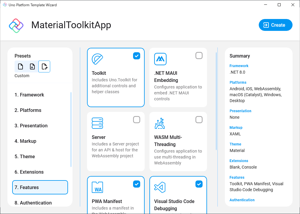 Toolkit selection in the Uno Platform Template Wizard