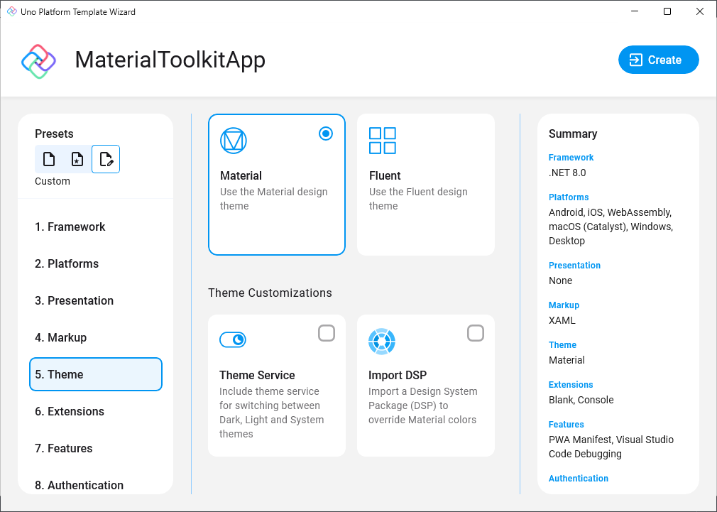 Material selection in the Uno Platform Template Wizard